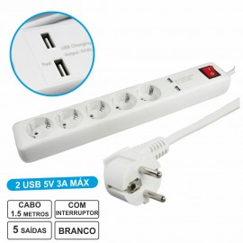 Electric Extension with 5 Outputs + 2 USB 3A and Switch - 1.5m