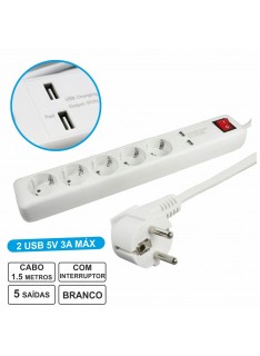 Electric Extension with 5 Outputs + 2 USB 3A and Switch - 1.5m